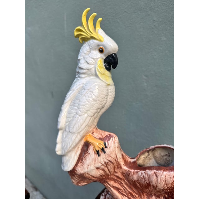 Figurative Vintage Italian Majolica Ceramic Cockatoo Planter on a Branch Stump For Sale - Image 3 of 9