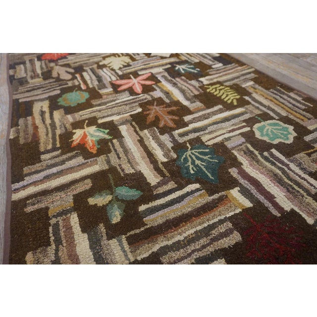 Lofty Brown Color Background With Floral and Symmetrical Patters Design Vintage American Hooked Rug For Sale - Image 4 of 13