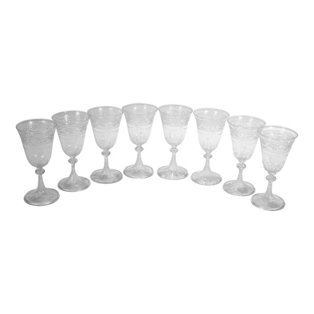 Set of 8 Antique Stourbridge Etched & Engraved Glass Wine Glasses For Sale