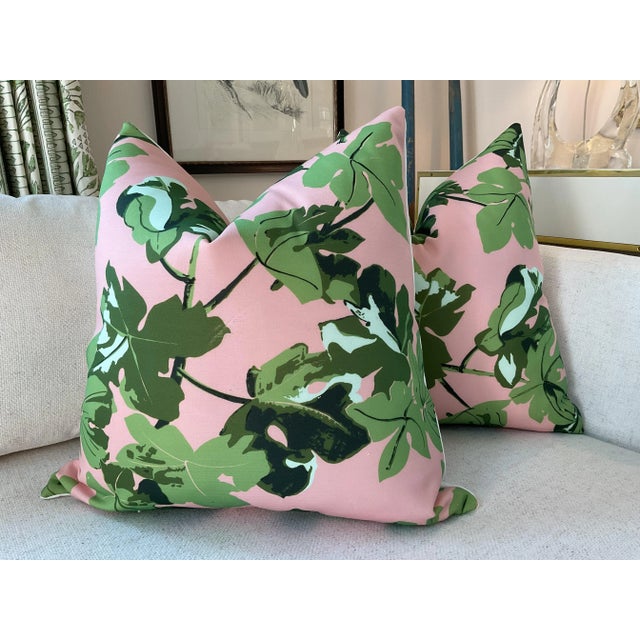 Peter Dunham Peter Dunham Indoor Outdoor Fig Leaf in Pink Background 22” Down Pillows and Cover - A Pair For Sale - Image 4 of 4