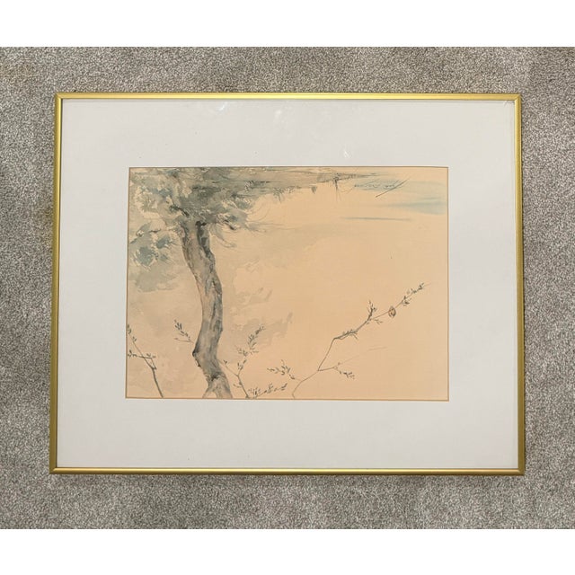 Hope Everson (American, 20th Century), Tree and Bird. Original watercolor on paper depicting a tranquil, atmospheric...