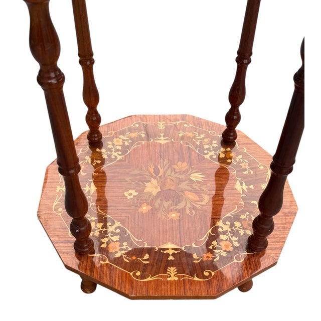 Late 19th Century Antique Inlaid Mahogany Octagon Two‑Tier Side Table — Floral Marquetry For Sale - Image 5 of 12