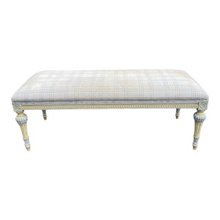 Vintage Louis XVI Style Bench Painted in Ivory & Blue For Sale