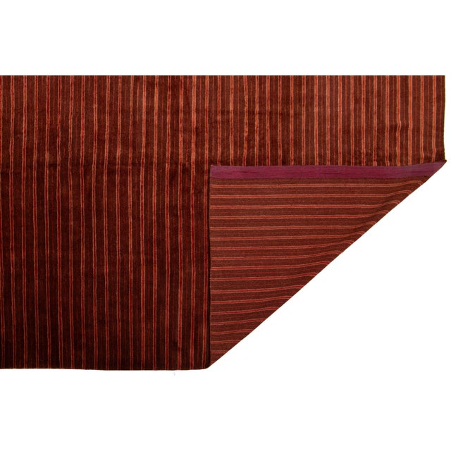 Modern Tibetan Wool and Silk Rug in Burgundy Color With Striped Design For Sale - Image 4 of 9