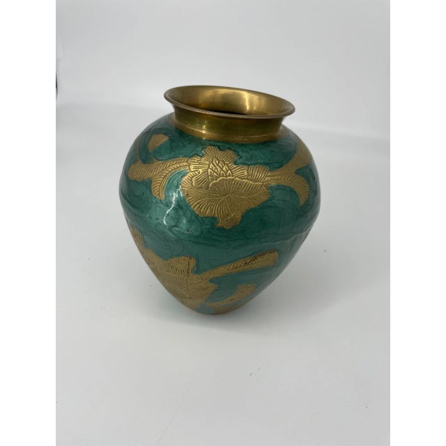 Metal Vintage Turquoise Enamel and Brass Vase For Sale - Image 7 of 7