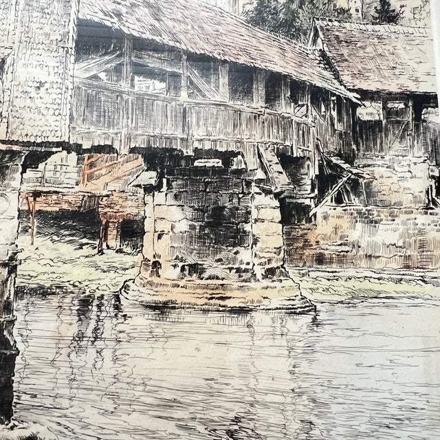 Early 20th Century Early 20th Century Signed Original Handcolored Etching of Old Spreuer Bridge (Lucerne, Switzerland) by Paul Geissler For Sale - Image 5 of 10