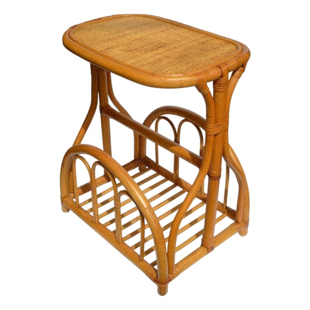 Bamboo Cane Wicker Mid-Century Modern Side Bedside End Sofa Table Magazine Stand For Sale