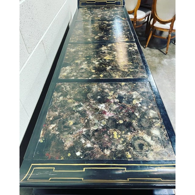 Unusual Chinoiserie Hollywood Regency Style Black & Gold Credenza For Sale - Image 4 of 9