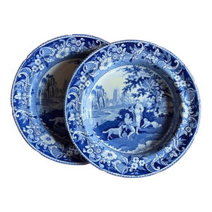 Antique Early 19th Century English George III Davenport Pottery Blue & White Transferware Soup Bowls Circa 1820