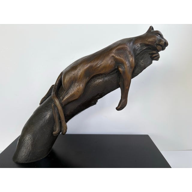 Mid-Century Modern Vintage Bronze Finish Reclining Panther Sculpture on Modernist Base For Sale - Image 3 of 10