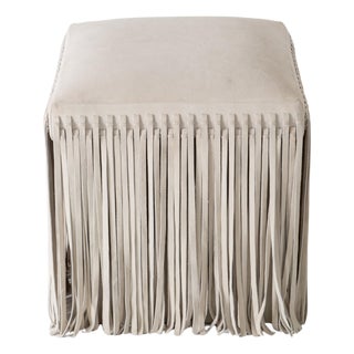 Mod Square Suede Ottoman by Made Goods, Off-White with Fringe, India For Sale