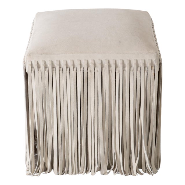 Mod Square Suede Ottoman by Made Goods, Off-White with Fringe, India For Sale