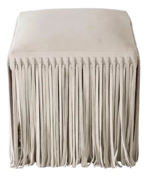 Mod Square Suede Ottoman by Made Goods, Off-White with Fringe, India