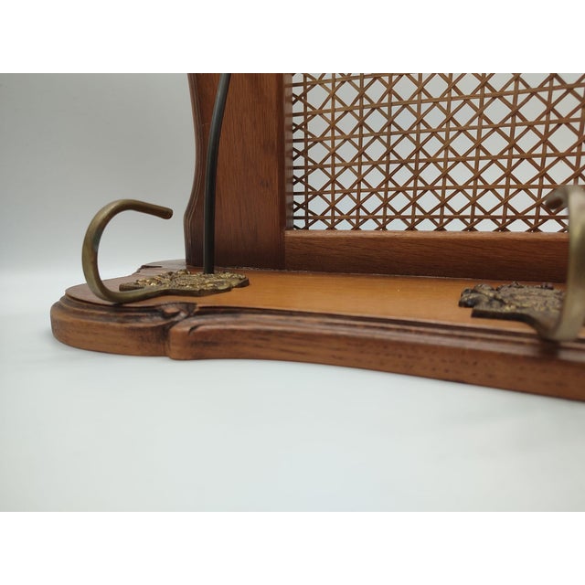 Wood Vintage Viennese Oak Cane Wall-Mounted Coat Rack with Brass Hooks in Putto Motifs, 1960s For Sale - Image 7 of 17