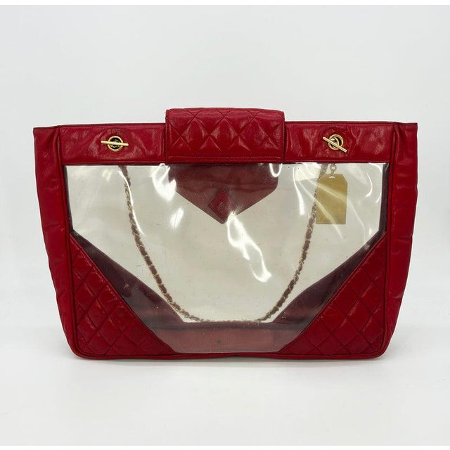 Chanel Chanel Vintage Red Leather Clear PVC Shoulder Bag Tote c1990s For Sale - Image 4 of 11