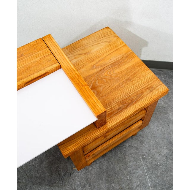 Mid Century Modern Vanity Desk Solid Ash Milk Glass Teak 3 Drawers Vintage MCM For Sale - Image 10 of 12