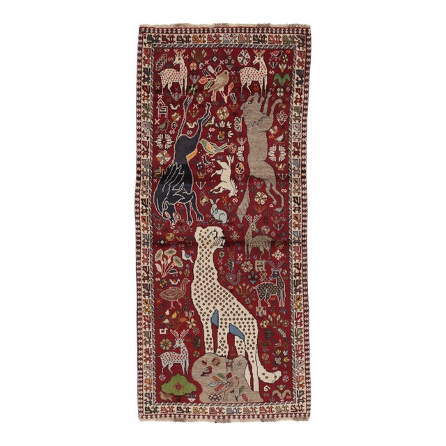 Vintage Persian Gabbeh Runner in Red With Animals Pictorials - Rug & Kilim For Sale