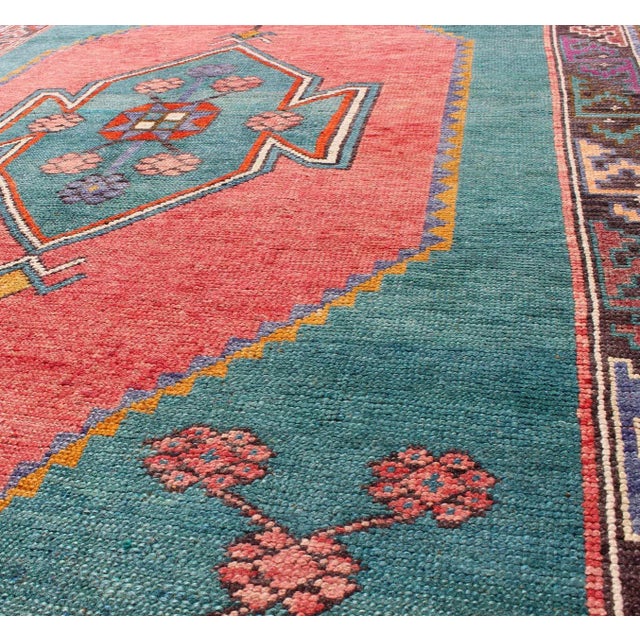 Tribal Design Vintage Turkish Rug in Teal, Blue, Green, Charcoal & Coral For Sale In Atlanta - Image 6 of 8