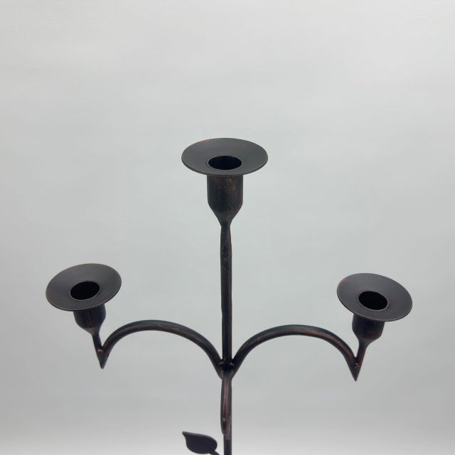 Hand Forged Iron Floor Candelabra 50″ (126cm) Antique Copper Patina 3-Arm Vine & Leaf Detail Rustic Decor For Sale - Image 4 of 7
