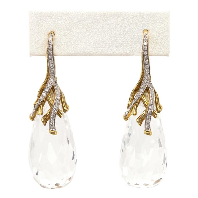 Michael Aram 18k Yellow Gold Diamond and Rock Crystal Drop Earrings- 2 Pieces For Sale