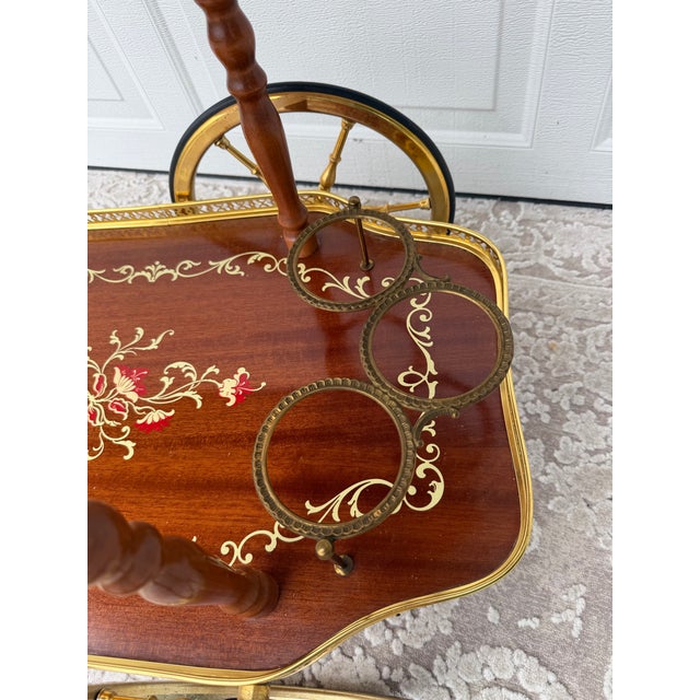 Mid 20th Century Mid-Century Traditional Wood and Brass Tea Cart With Floral Detail For Sale - Image 5 of 14