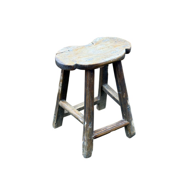 Vintage Rustic Unique Shape Four Legs Wood Stool Side Table For Sale - Image 11 of 16
