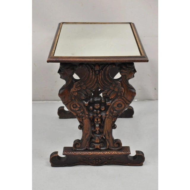 Renaissance Antique Renaissance Revival Carved Winged Maiden Walnut Mirror Top Side Table For Sale - Image 3 of 11