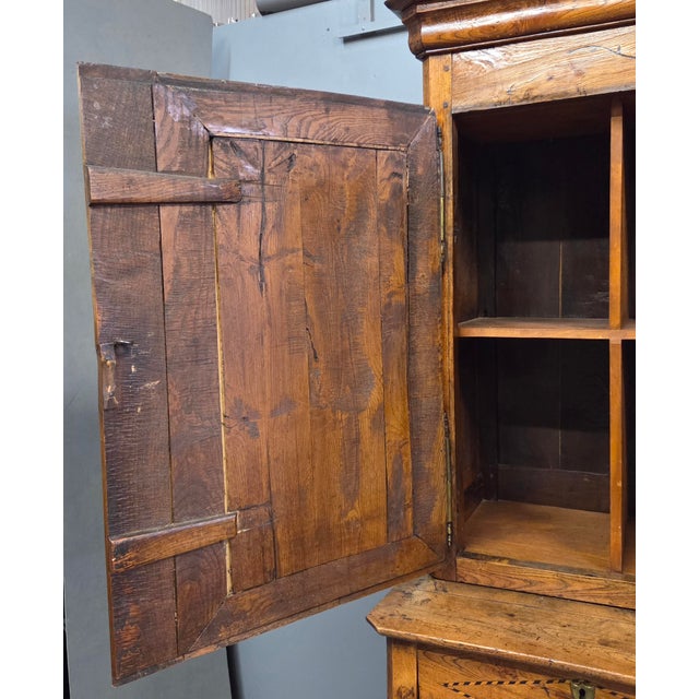 Antique French Elm Deux Corps Buffet Cabinet With Inlay and Fitted Interior For Sale - Image 13 of 18