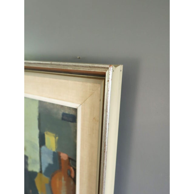 Textile Mid-Century Modern 'Presence in Blue' Swedish Original Figurative Interior Oil Painting, Framed For Sale - Image 7 of 13