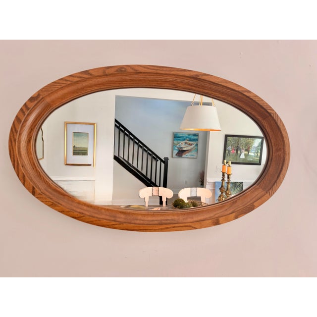 Wood Vintage 1980s Oval Oak Wall Mirror With Walnut Stain, 32.5” X 19” For Sale - Image 7 of 7