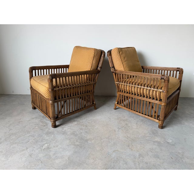 Contemporary Vintage Palecek President’s State Stick Rattan Lounge Chairs – Pair For Sale - Image 3 of 18
