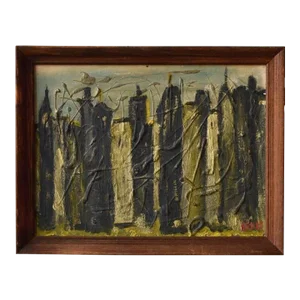 Vintage Mid-Century Abstract Acrylic on Board Cityscape, Signed Andre, Circa 1950s