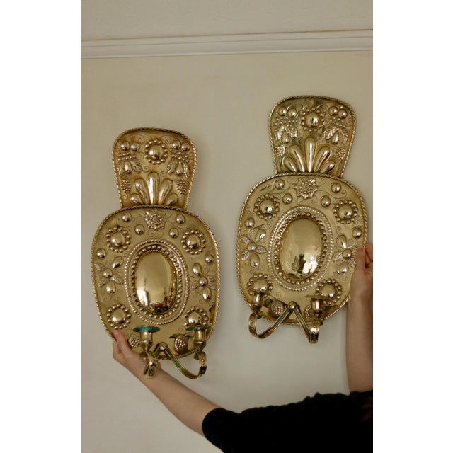 Large Mid-Century Swedish Baroque Style Brass Sconces, Set of 2 For Sale - Image 4 of 17
