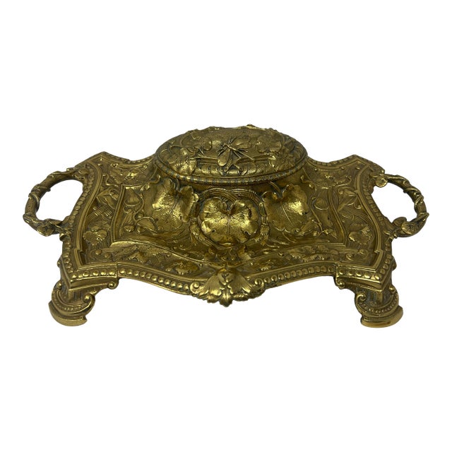 Antique Monumental Art Nouveau Brass Desk Inkwell With Botanical Relief, Circa 1900 For Sale