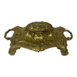 Antique Monumental Art Nouveau Brass Desk Inkwell With Botanical Relief, Circa 1900