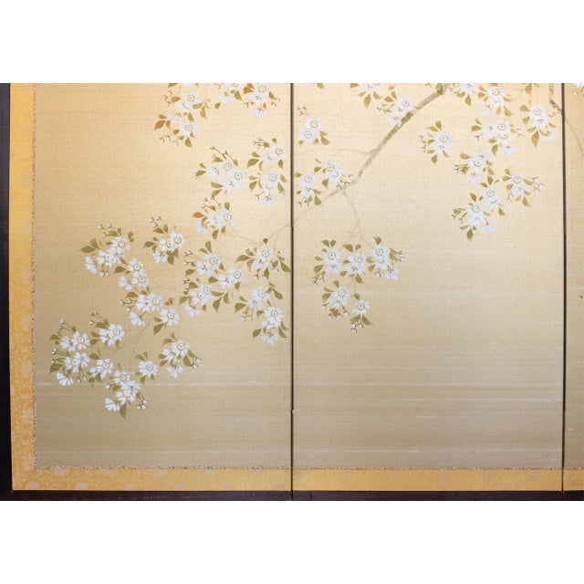 1950s 1950-1960s Shōwa Era Japanese Painted Silk Byobu Screen "Blossoming Sakura" For Sale - Image 5 of 18