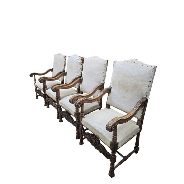 White Antique French Henri II Renaissance Revival Carved Walnut Throne Armchairs – 4 For Sale - Image 8 of 11