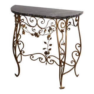 Art Deco Demi Lune Marble Top Wrought Iron Console C. 1920/ 1930's For Sale