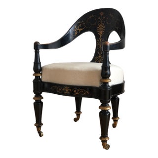 Danish Cabinetmaker Armchair, 1860s, Black Lacquer With Gold Decoration, Brass Castors, Empire/Biedermeier For Sale