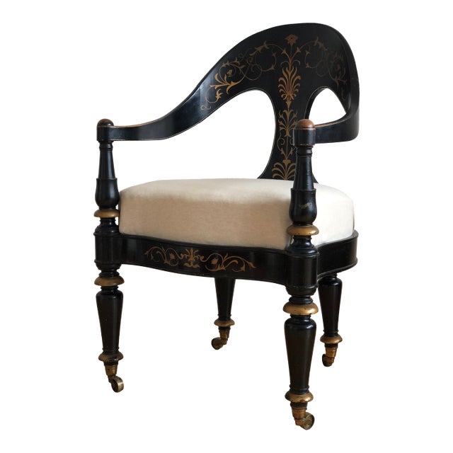 Danish Cabinetmaker Armchair, 1860s, Black Lacquer With Gold Decoration, Brass Castors, Empire/Biedermeier For Sale