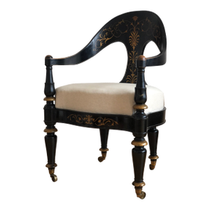 Danish Cabinetmaker Armchair, 1860s, Black Lacquer With Gold Decoration, Brass Castors, Empire/Biedermeier