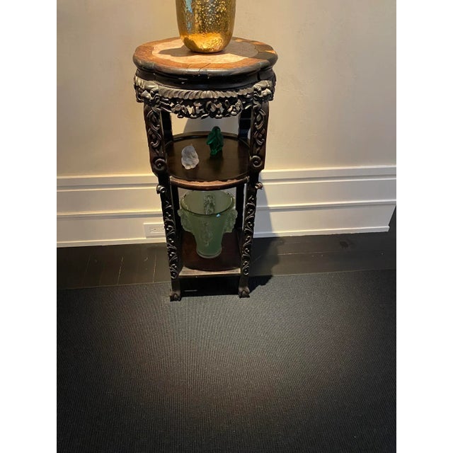 Carved Wood and Marble Jardiniere Stand Antique carved hardwood rosewood and marble top pedestal table Item features inset...