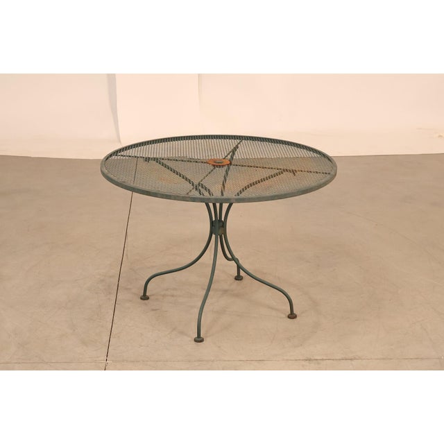 Art Nouveau Vintage Wrought Iron Round Patio Table And Four Chairs Set For Sale - Image 3 of 18
