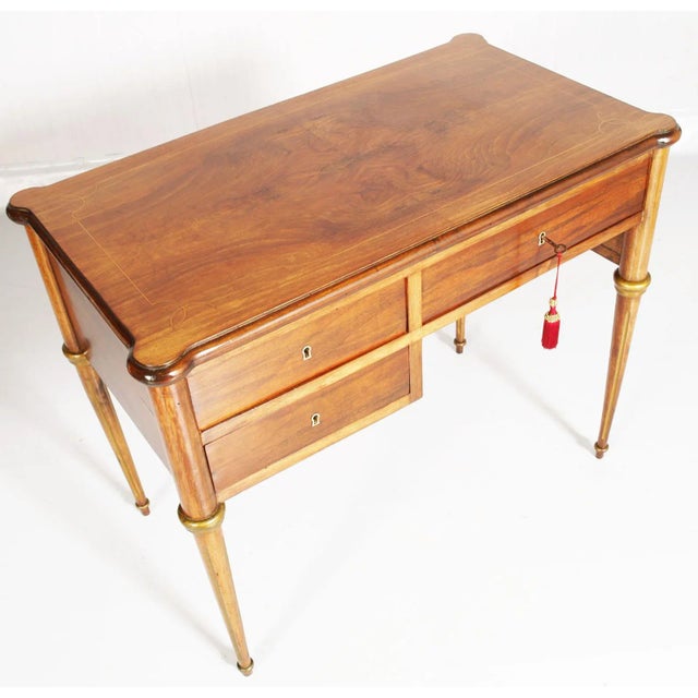 Neoclassical Blond Walnut & Flame-Applied Walnut Burl Desk, Late 1800s For Sale - Image 3 of 17