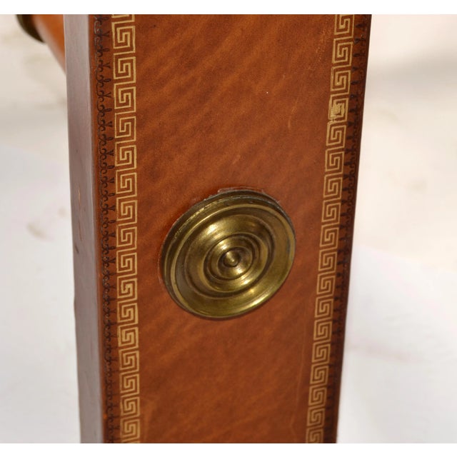 Wood Maitland Smith Neoclassical Handmade Leather Gold Embossed Brass Square Coffee Table For Sale - Image 7 of 12