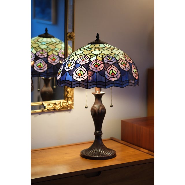 Metal Late 20th Century Tiffany-Style Stained Glass Peacock Feather Table Lamp For Sale - Image 7 of 7