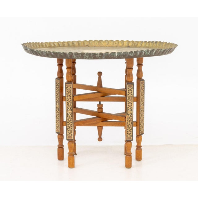 Persian Brass Tray Top Folding Wood Table For Sale In New York - Image 6 of 11