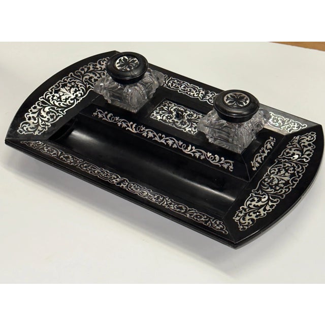 Glass Victorian Mother of Pearl Inlaid Inkwell For Sale - Image 7 of 12