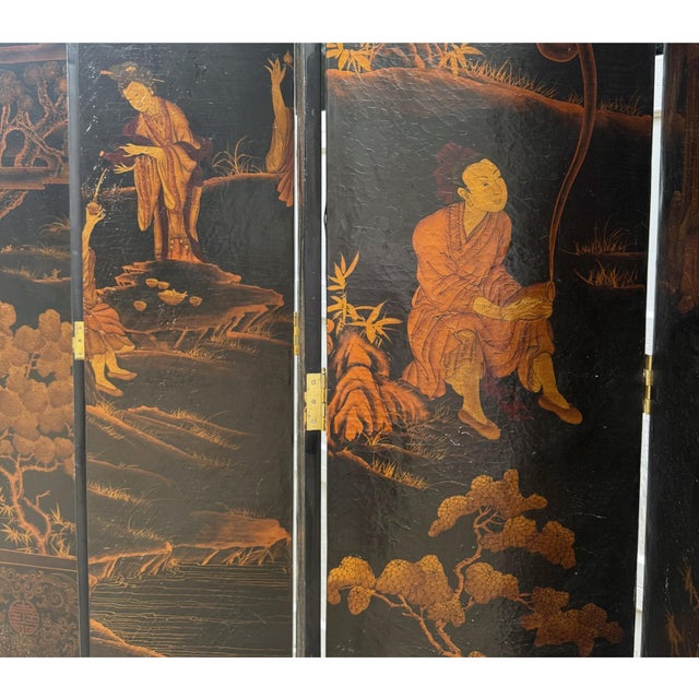 Large Chinese Eight-Panel Black Lacquer Folding Screen With Scholar Landscape, Circa 1925–1940 For Sale - Image 10 of 13