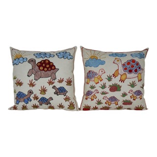 Boho Suzani Turtle Pillow Covers, Embroidered Cotton Cushion Set For Sale